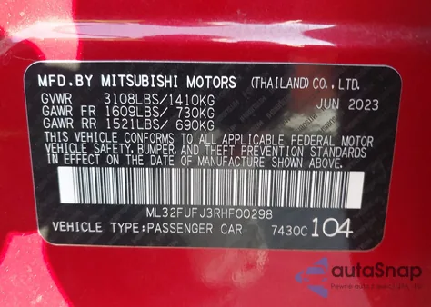 2024 Mitsubishi Mirage G4 Es z USA, uszkodzony, nr VIN ML32FUFJ3RHF00298